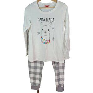 Macy's Family Pajamas Matching Set Mama Llama 2 PCS Cream Gray Med Plaid Lounge